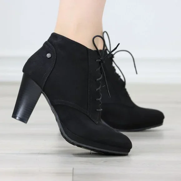 Womens Ankle Boots Lace Up Block Heel Booties Black Faux Suede - Picture 6 of 12